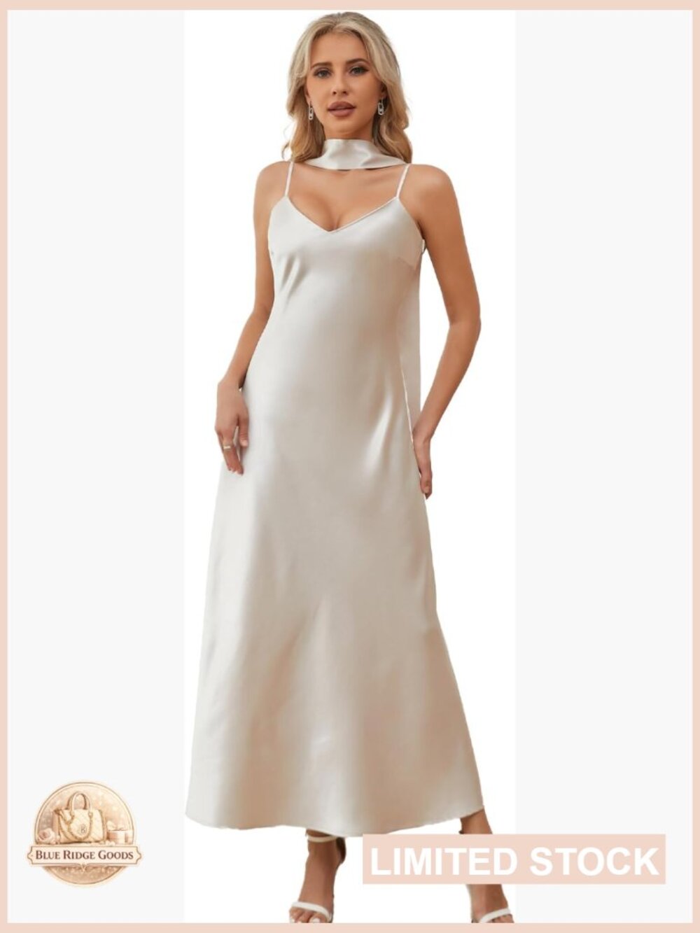 Elegant V-Neck Bias-Cut Satin Slip Maxi Dress with Detachable Scarf